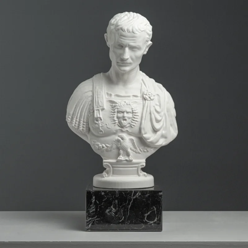 Julius Caesar Buste mit Brustpanzer – nach Andrea Ferrucci (auf schwarzem Marmorsockel)