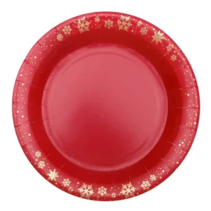 Assiettes en carton flocon d'or pour Noël rouge et doré