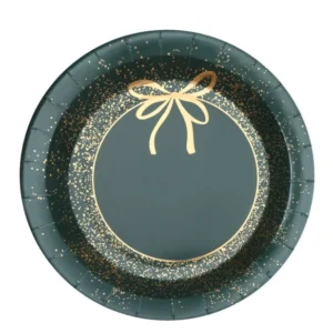 Assiettes en carton Noël pour fête vert et doré design chic avec motif de nœud