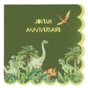 Serviettes en papier festonné joyeux anniversaire dinosaures vert avec illustrations de diplodocus et t-rex