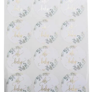 Stickers ronds Oh Baby végétal pour baby shower blanc et or avec motif feuillage