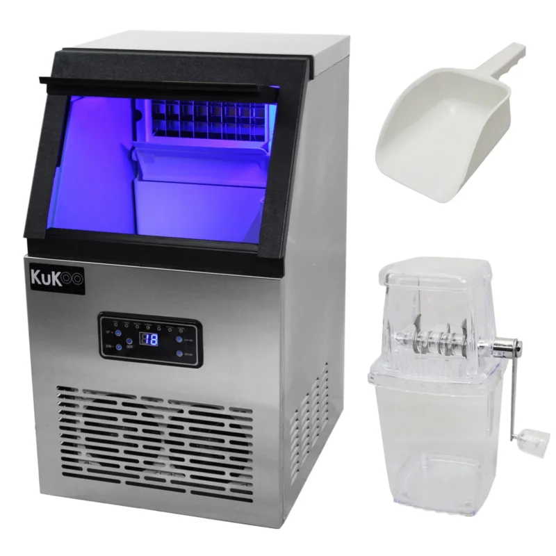 Edelstahl KuKoo Eiswürfelmaschine mit blauer LED-Beleuchtung, digitalem Display, Eisschaufel und transparentem Behälter für Eiswürfel