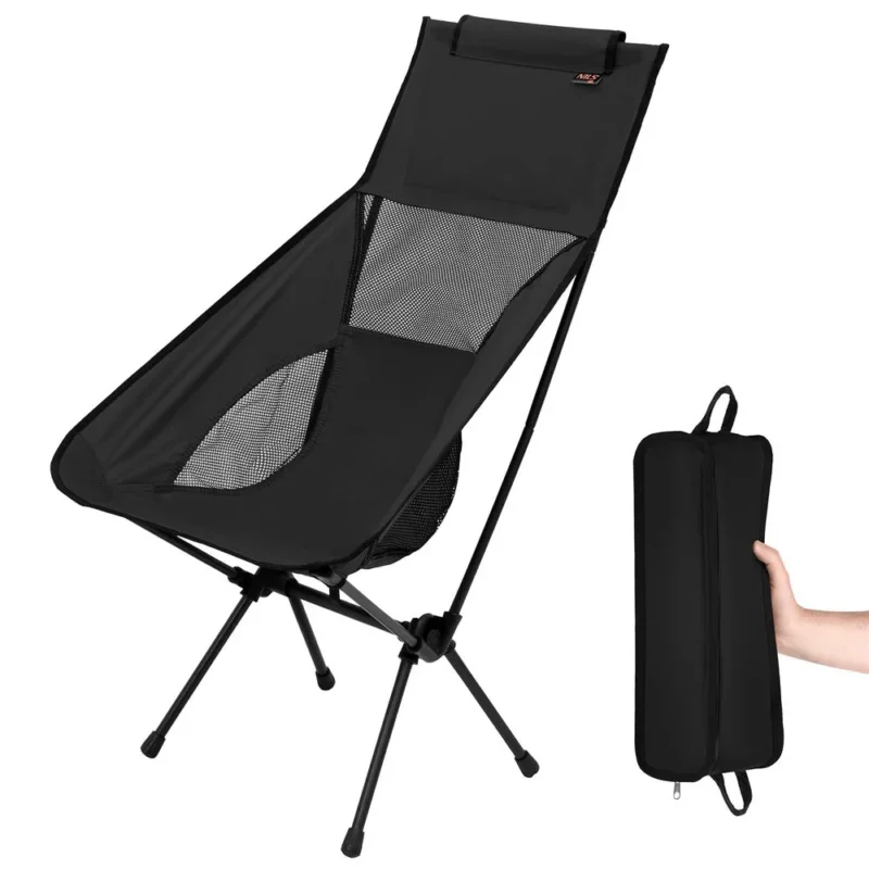 NILS CAMP ultraleichter Klappstuhl in Schwarz - kompakter Campingstuhl mit hoher Rückenlehne