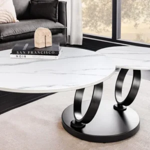 DANCING RINGS Design Couchtisch weiĂź rund drehbar Marmor Keramik schwarz Metall