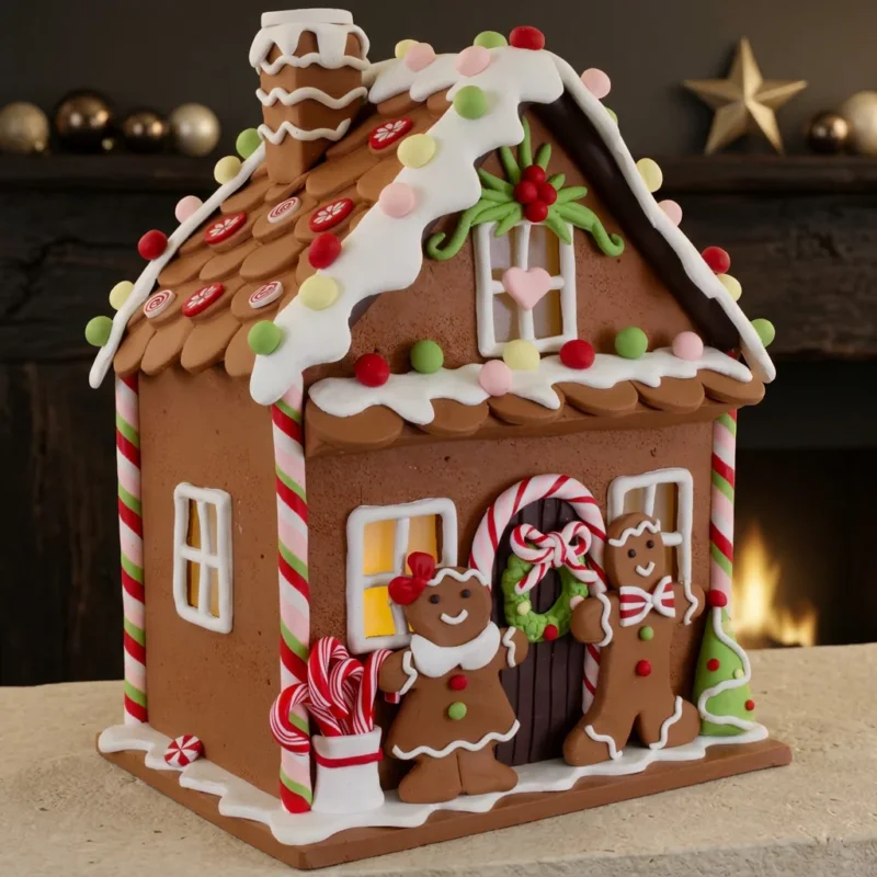 LED Lebkuchenhaus mit süßen Lebkuchenfiguren 24 cm bunt