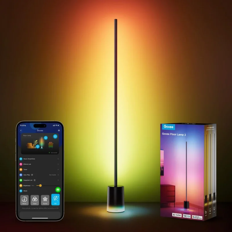 Govee LED Stehlampe Dimmbar RGBIC, 1725LM Stehlampe Wohnzimmer Arbeiten mit Matter,152cm RGBIC Moderne Schwarz,16 Millionen Farben Szenenmodi, Musikmodus für Deko Schlafzimmer Spielzimmer