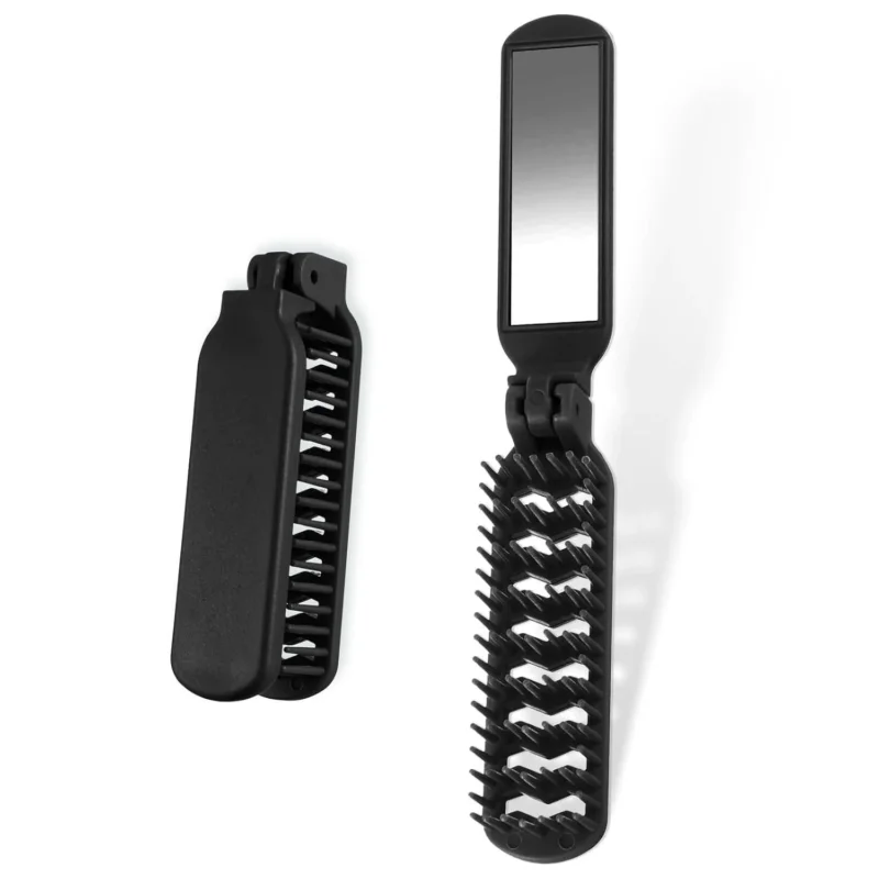 Reisebürste mit Spiegel Mini Haarbürste Faltbar Schwarz Kompakt Brush
