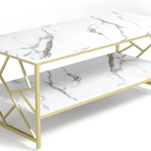 Modern weißer Marmor Couchtisch mit Stauraum und Goldakzent