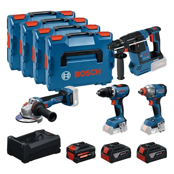 Bosch 18V 4-teiliges Werkzeug-Kombiset mit Koffern und Akkus.