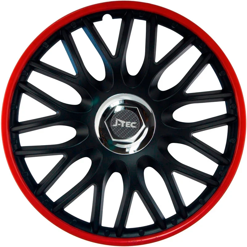 J-Tec, Satz Radzierblenden Orden R 15-Zoll Schwarz/Rot + Chrom Ringe, ABS, Chrom, Rot, Schwarz