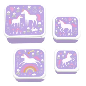 vier paarse lunch en snack bakjes met eenhoorn en regenboog opdruk