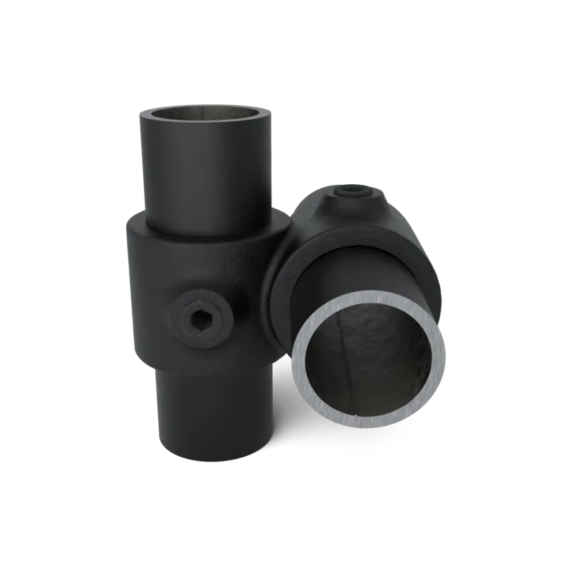 Rohrverbinder Kreuzstück 90º - Schwarz für außen - 33,7 mm - Vorderansicht mit Rohren (Rohr-verbinder.de)