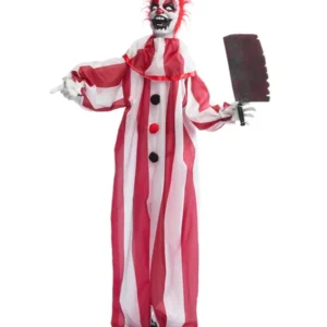 Décoration animée clown maléfique pour Halloween rouge et blanc avec mouvements et hachoir
