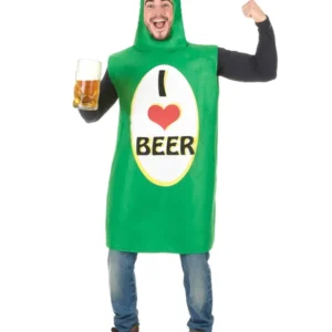 Déguisement bouteille de bière pour adulte verte avec étiquette I love beer