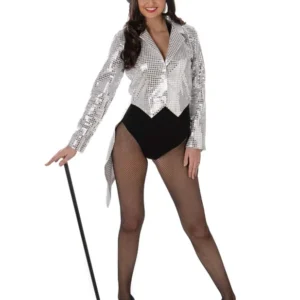 Déguisement de cabaret pour femme argent à sequins avec chapeau haut-de-forme et canne