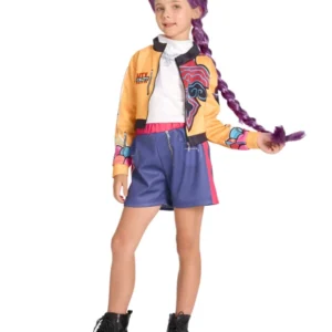Déguisement de chasseuse de démon Kpop pour fille avec veste jaune et short bleu