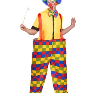 Déguisement de clown à carreaux colorés pour homme avec haut jaune et pantalon à damiers multicolores