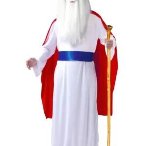 Déguisement de druide gaulois pour homme blanc et rouge avec ceinture bleue