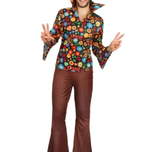 Déguisement hippie pour homme à fleurs multicolores avec pantalon marron