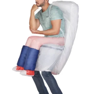 Déguisement humoristique toilette gonflable pour adulte blanc avec fausses jambes roses et bleues