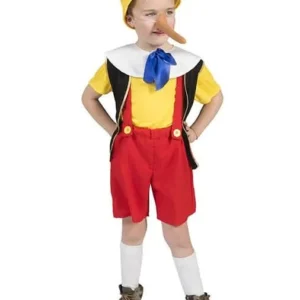 Déguisement de menteur pour enfant jaune et rouge avec chapeau et long nez