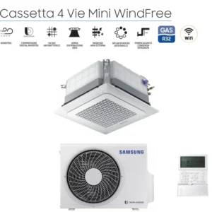 climatizzatore condizionatore inverter samsung cassetta 4 vie mini windfree 12000 btu r 32 ac035rnndkg con pannello e comando a filo novita