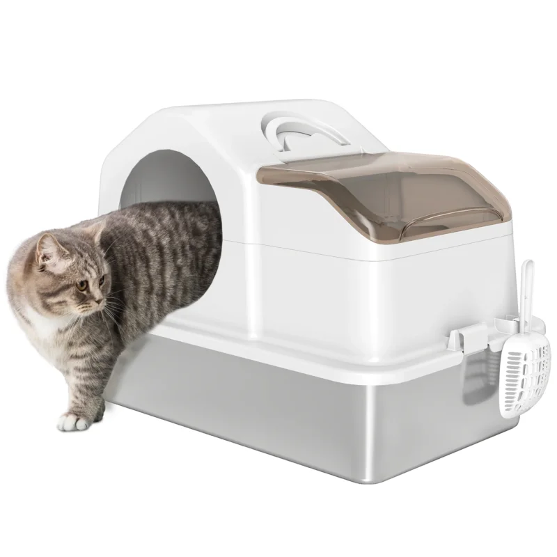 easycomfort easycomfort lettiera per gatti chiusa con 2 tappetini in acciaio inox abs e pp 60 5x40 5x42 cm bianca e argento