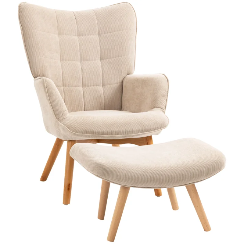 easycomfort easycomfort poltrona relax con pouf poggiapiedi in velluto a costine con schienale alto e braccioli beige