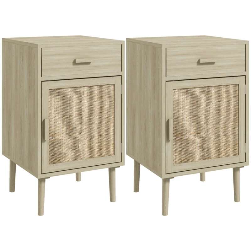 easycomfort easycomfort set 2 comodini per camera da letto con cassetto e anta in rattan stile boho colore legno