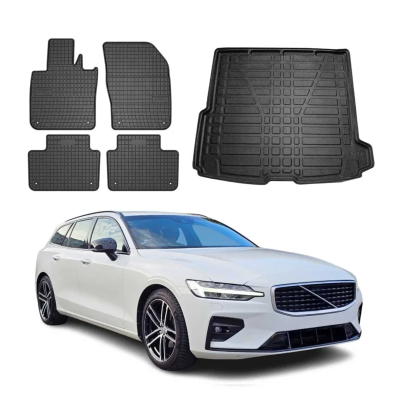 Fußmatten & Kofferraumwanne Set für Volvo V60 2019-2026 Gummi TPE Schwarz 5x