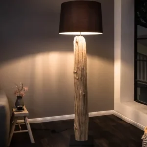 Handmade Stehlampe ROUSILIQUE 180cm schwarz Treibholzlampe Leinenschirm Baumstamm