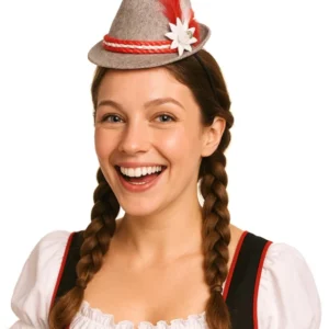 Mini chapeau bavarois pour femme gris et rouge avec plume et fleur