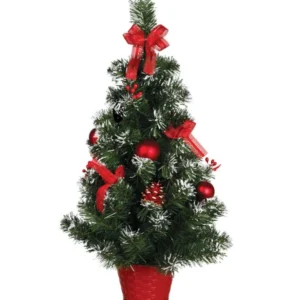 Sapin sur pied de Noël pour décoration rouge effet enneigé